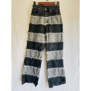 The Ragged Priest Black Grey Patchwork Frayed Wide Leg Jeans Size 24 Grunge Edgy